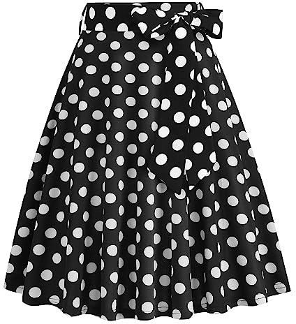 Faldas Mujer Verano Vestido Años 50 Lunares o Floral Cintura Alta Una Línea Rodilla Longitud Swing Midi Falda con Cinturón Cóctel Fiesta Swing Dress Falda Vintage Acampanada de Mujer Negro 1 XXL