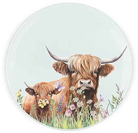 Highland Cow Round Glass Worktop Saver - Mum & Calf Cow - Textured Kitchen Chopping/Cutting Board Worktop Protector with Non-Slip Feet 30cm x 30cm (12 x 12)