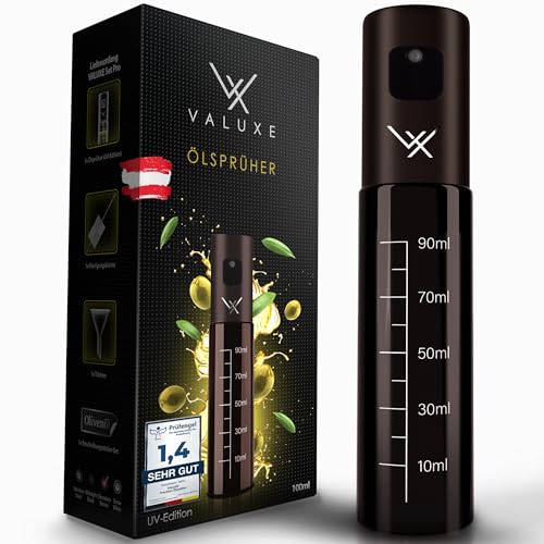 VALUXE® Ölsprüher für Speiseöl und Essig mit UV-Schutz Glas & Sprühfilter - Edelstahl Öl-Sprühflasche in Brown - Präziser Olivenöl Sprüher, Öl-Zerstäuber, Oil-Sprayer