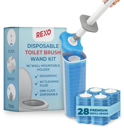 REXO - Disposable Toilet Brush Wand Kit. Effortless & Disposable Bathroom Cleaning System, Includes Wall-Mountable Holder and 28 Premium Refill Heads, Ergonomic Design for Enhanced Cleaning
