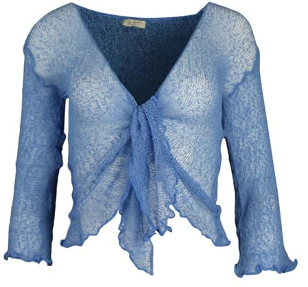 Kiran Fashion Damen-Bolero mit Bindedetail, 3/4-Ärmel, fein gestrickt, bauchfrei, dehnbar, Top, Jacke, Cardigan, Einheitsgröße, mittelblau, Einheitsgröße