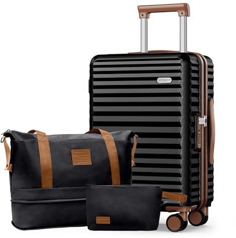 SHOWKOO Hartschalenkoffer Mittelgroß Leicht 100% Polycarbonate Erweiterbar Haltbar Reisekoffer mit Rollen Koffer Set Trolley Handgepäck Enthält 1 Reisetasche und 1 Kulturbeutel, L-Elegante Schwarz