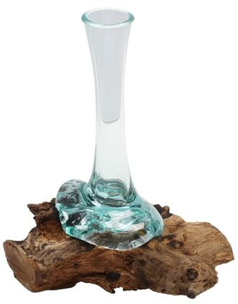 Glasvase auf Wurzelholz Ø 4cm x Höhe 25cm aus Recycling Glas & Teak Wurzel Holz handgefertigt extravagante Wohndeko Deko-Vase Glasschale Natur-Vase A25 Geschenk-Idee Weihnachten