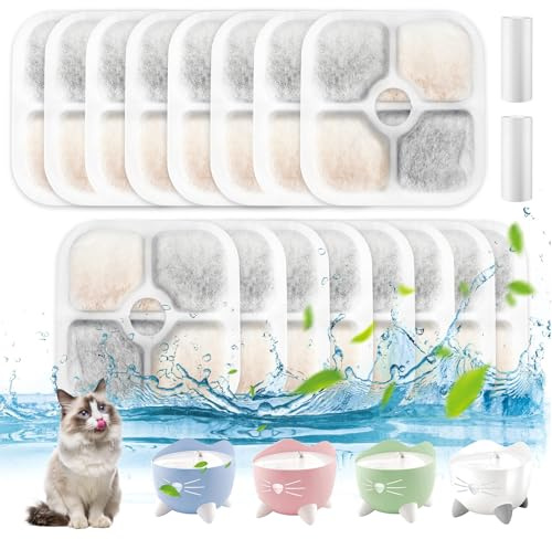 16 Katzenbrunnen Filter, mit 2 Schläuche für Filter Trinkbrunnen | Harz Aktivierte Kohlenstoff Drei Layer Filtrationssystem, für Trinkbrunnen, für Filter Katzenbrunnen Katze
