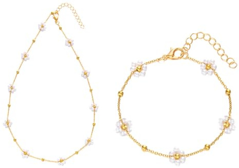 FDEETY 2 Stück Damen Schmuck Set Vintage Bunte Blume Perlen Halskette mit Girly Blume Armband Frisch und Süß Stil（Weiß）
