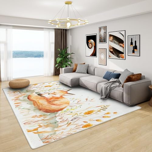 Generisch Fuchs Teppich - Weich & Rutschfest, 50x80 cm, Weiß Orange, Cartoon Muster, Flanell, Niedriger Stapel, Maschinenhergestellt, Innen, Waschbar, Schmutzabweisend, Farbecht