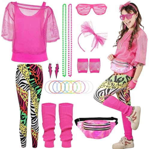 Disfraz Años 80 90 Mujer- Ropa Pantalones Disfraz Años 80 90 Neón Accesorios Camisa de Malla Chalecos Fluorescentes Diadema Pendientes Collar Guantes Retro Cosplay para Carnaval Fiesta Tema Temática
