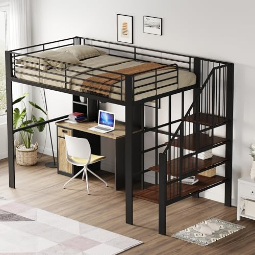 Merax Metall-Hochbett 140 x 200 cm mit Regal, multifunktionales 2-Sitzer Hochbett mit Treppe, für Kinder, Schwarz (ohne Matratze)
