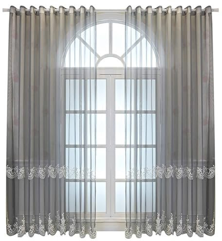 Wycian Gardine Querbehang Oben Gardinen Grau Voile 2er Pack Mesh mit Aufgestickten Vintage-Blumen H274 x B132 cm (2er Pack) Polyester