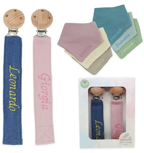 Filo e Poesia Schnullerkette mit Namen, personalisiert mit Namen bestickt, viele Modelle und Farben, Schnullerband zur Auswahl, tolle Geschenkidee für Babypartys (Rosa-Grün + Lätzchen)