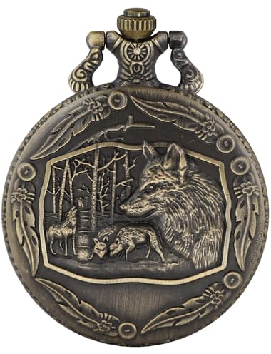 Tiong Vintage Quartz Pocket Watch for Men Women,Wolf 3D Pattern Case Pocket Watch Gifts for Male Husband with Chain