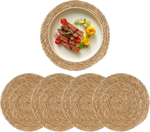 ACUSHLA Woven Round Placemats Set of 6, Cheesecloth Table Runner 2 Pcs, Handmade Boho Natural Water Hyacinth Corn Husk Table Mats for Farmhouse Wedding Party Kitchen Rustic Home Decor (32CM)