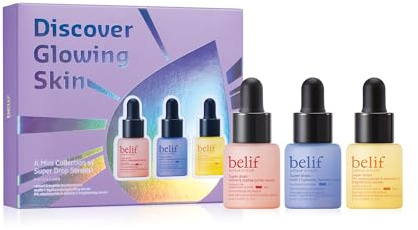 belif Super drops - Cofanetto pelle brillante | Sieri da viaggio con acido ialuronico, peptidi, vitamina C per idratare, rassodare, illuminare. Korean Face Care K-beauty (3 x 6 ml)
