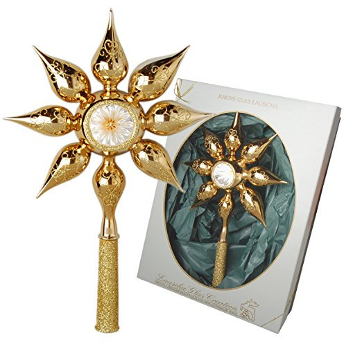 Krebs Glas Lauscha - Weihnachtsdekoration/Christbaumschmuck aus Glas - Reflex Weihnachtsbaumspitze Stern - Farbe: Gold - Größe: ca. 30 cm - Made in Germany
