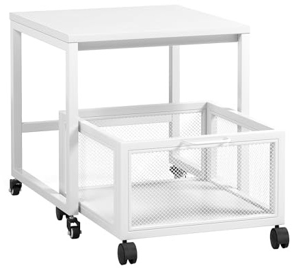 VERMESS End Table, 19.7 Mini Fridge Stand with Storage, Printer Stand with Storage Drawer, Rolling File Cabinet Cart with Wheels, Mobile Printer Beverage Fridge Table for Home Office Bedroom (White)