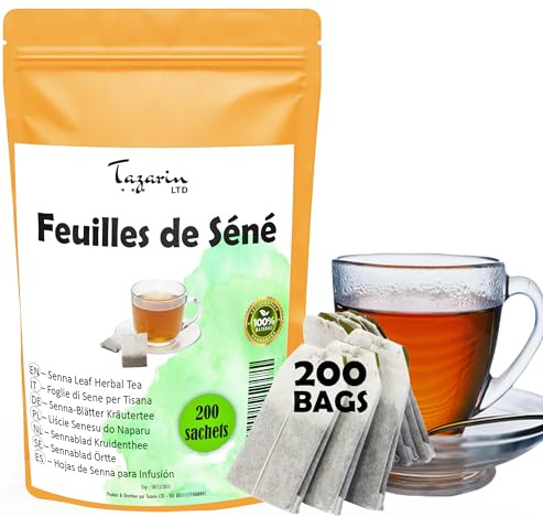 Tisane de Feuilles de Séné, 200 Sachets de Tisane, Thé de Séné - Puissant Purgatif, Laxatif Naturel - Favorise le Transit Intestinal et le Nettoyage du Colon - Tisane Detox - Tazarin Ltd