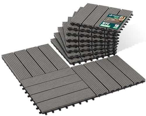 VOUNOT® 16 Stück WPC Terrassenfliesen 30x30 cm, Klickfliesen Outdoor Fliesen Balkonfliesen wetterfest mit Drainagefunktion, Bodenbelag rutschfest & zuschneidbar für Balkon & Terrasse, Grau