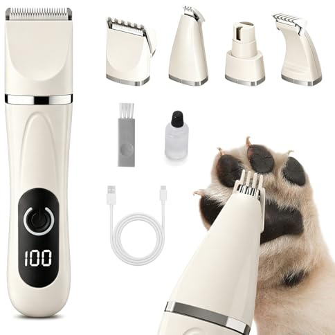Colexy 4 in 1 Hundeschermaschine Set, Leise Pfotentrimmer für Hunde mit 4 Schneidköpfen, Kabellos Schermaschine für Haustiere Katzen Hund, für Körper, Pfoten, Augen, Ohren, Gesicht