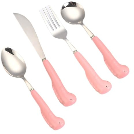 Set di Posate in Ceramica con Decorazioni a Tema Animali dei Cartoni Animati, in Acciaio Inossidabile, Composto da Cucchiaio, Coltello e forchetta, con Finitura a Specchio (Dinosauro Rosa, 4 Pezzi)