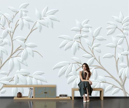 JRZEOCI Minimalist 3D Relief Mural Wallpaper for Living Room Bedroom Decor - Light Gray Bamboo Leaves Wall Mural Art Silk Photo Wallpaper for Corridor TV Background Decor,300x210cm
