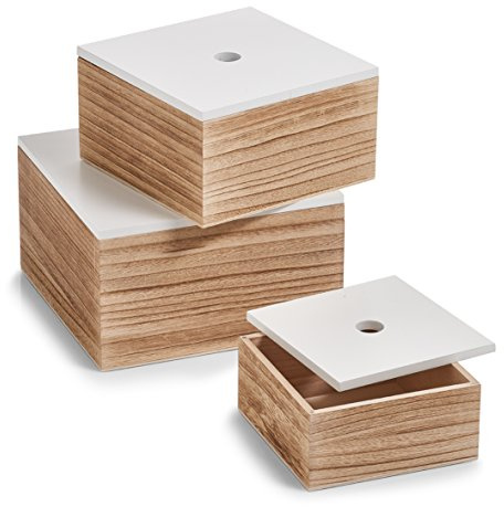 Zeller Aufbewahrungsbox, 3er Set, ca. 16 x 16 x 8 cm; 20 x 20 x 11,2 cm; 24 x 24 x 14 cm, weiß/Natur, Holz