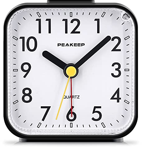 Peakeep Small Battery Operated Analog Travel Alarm Clock Silent No Ticking, Lighted on Demand and Snooze, Beep Sounds, Gentle Wake, Ascending Alarm, Easy Set (Black)