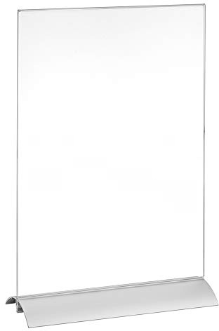 Doppelseitiger Tischaufsteller DIN A4 Hoch mit Aluminiumfuß Werbeaufsteller | Senkrechte Acrylglastasche, einfacher Blattwechsel, modern, schlicht, haltbar, leicht, glaskare Optik, glänzende Kanten edel