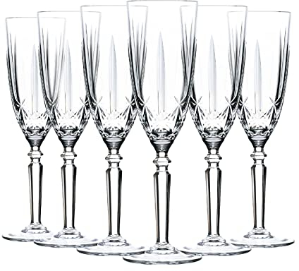 RCR Crystal 6X 200ml Crystal Glass Champagne Glasses Orchestra Range Prosecco Fizz Stemware Glass Flutes Set - Gift Boxed - Made in Italy
