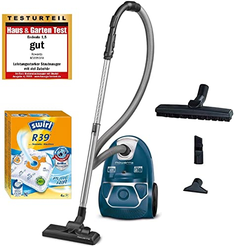 Rowenta - Aspirapolvere RO3950 con sacchetto, 750 W = 2000 W, estremamente silenzioso, con filtro igienico e ugello per parquet, colore: Blu Promopack mit Swirl Staubbeutel Blu