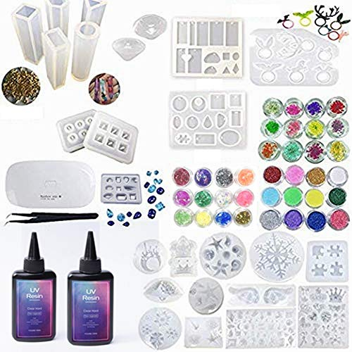 Kit Resina UV 2x100ml con lámpara + 25 moldes de silicona + 36 flores brillo + ojales + pinzas para hacer manualidades joyería joyas pendientes colgantes collares anillos, NUEVA Resina Epoxi