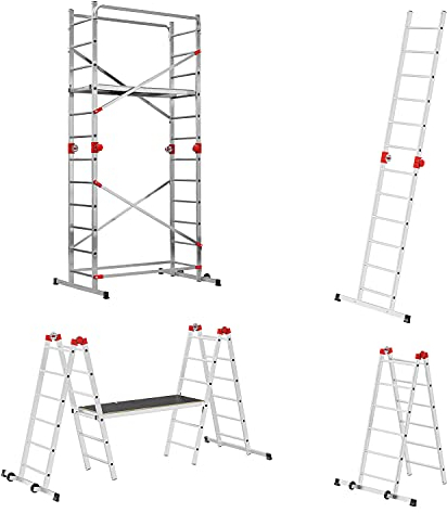 Hailo G60 Alu Multifunktionsgerüst - 2 x 12 Sprossen belastbar bis 150 kg/m2 - Plattform mit Durchstiegsluke - fahrbares Alu Gerüst - verwendbar als Anlegeleiter, Doppelleiter, Baugerüst - Silber