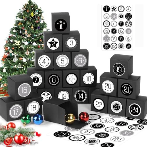 Adventskalender zum Befüllen, 24 Schachteln zum Befüllen, DIY Adventskalender, Adventskalender Geschenkboxen mit Zahlenaufklebern, Adventskalender zum Selbst Befüllen Schwarz