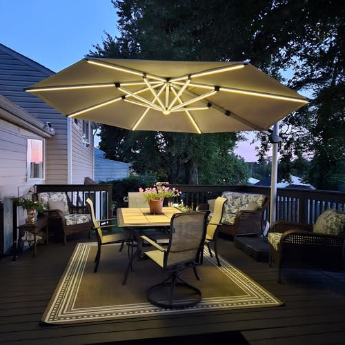 PURPLE LEAF Ampelschirm Rund 330 cm mit LED Solar Doppeldach, Beige | 360° Flexibilität, 240 g/m² UV-Schutz, Optimale Belüftung, Rostfreier Alurahmen, Einfaches Öffnen, Sonnenschirm für Terrasse