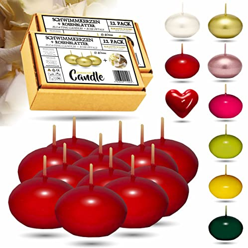 CANDLE HARMONY© Schwimmkerzen 12 STK Ø 40 mm mit 2x GRATIS Rosenblätter Festliche Farben Schwimmkerze Zuhause Geburtstag Valentinstag Ostern Weihnachten Candles Kerzen für Damen (Rot)