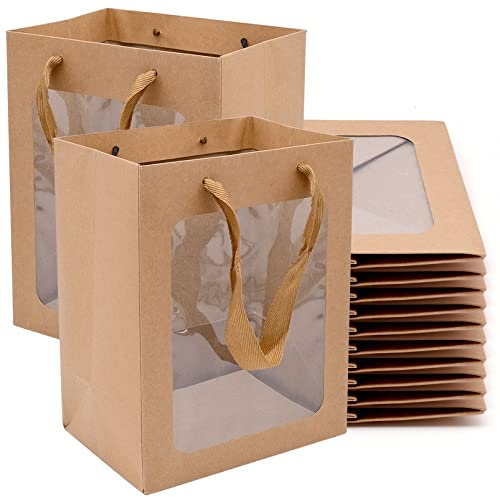 Cisolen Paquete de 10 bolsas de papel Bolsas de regalo Bolsas de papel Kraft marrón con ventana Bolsas de embalaje para cumpleaños Boda Fiesta Embalaje Banquete Regalos Dulces Galletas