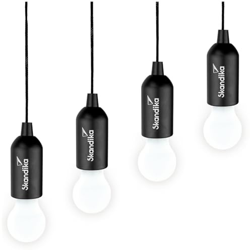 Skandika Lampe de Camping Narvik | Set de 4, Lampe LED, Pull Light, Ampoule à Piles avec Interrupteur à Tirette, Suspendue, Accessoires de Camping, Portable | Camping, Festivals, Garage, Cave (Noir)