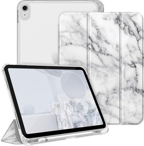 Fintie Hülle für iPad (A16) 11./10. Generation (2025/2022) mit Stifthalter | Für iPad 11/10.9 Zoll, ultradünne, leichte Schutzhülle, Hart-PC Transparente Rückseite, Auto Schlaf/Wach, Marmor Weiß