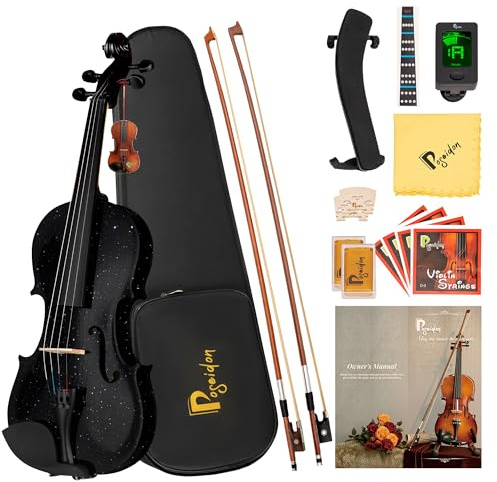 3/4 Akustikgeige Geige, schwarze Violine für Anfänger für Anfänger, Violinen-Starter-Set mit Koffer, zwei Bögen, zwei Brücken, zwei Kolophonium, zwei 3/4-Saiten in voller Größe, Schulterstütze