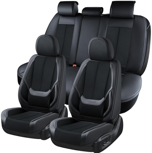 Coverado Sitzbezüge Vorne und Hinten 5 Stück, Auto-Sitzbezüge Set Universal Stoff und Leder Kompatibel mit Den Meisten Limousinen SUV Pick-up Truck, Schwarz