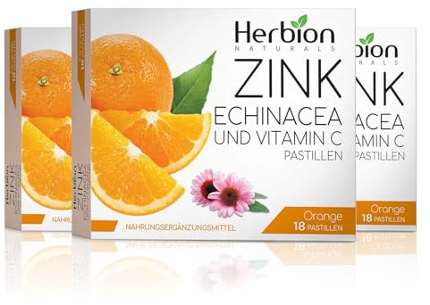 Herbion Naturals Zinc, Echinacea & Vitamina C Pastillas con sabor a naranja natural, 18 CT, suplemento nutricional, apoyo inmunológico, paquete de 3