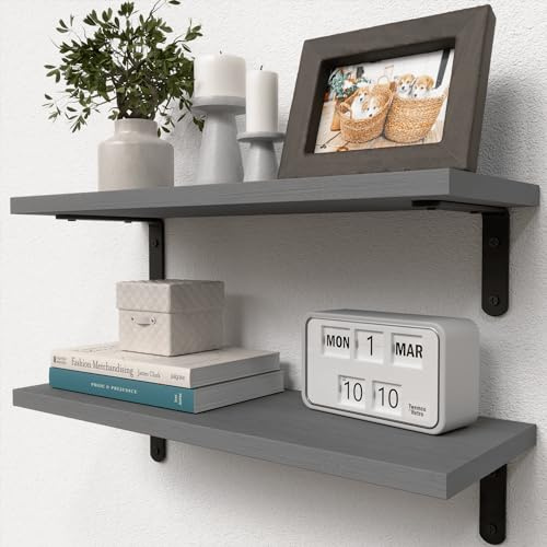 RICHER HOUSE Rustikale Holz Badregale 2er Set, Bauernhausstil Schweberega | Wanddekoration, Hängeregale für Schlafzimmer, Aufbewahrung, Küche, Wohnzimmer - Grau