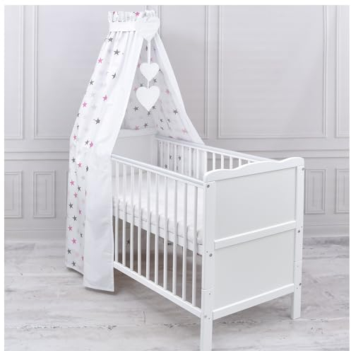 Generisch Baby Delux Babybett Himmel Betthimmel Baumwolle Baldachin für Babybett Kinderbett Wiege Stubenwagen Himmelstange Applikationen Herz Deko (Magic Rosa, mit Himmelstange)