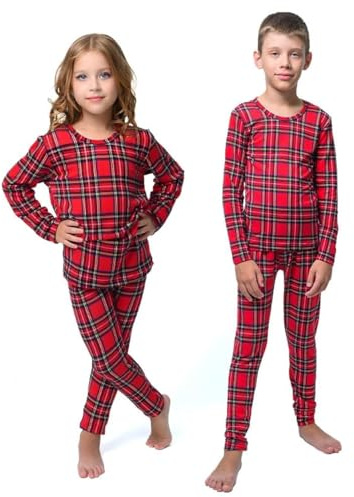 Conjunto de ropa interior térmica para niños, camiseta de manga larga y leggings largos, capa base para niños y niñas, Cuadros rojos, 8-10 Medium