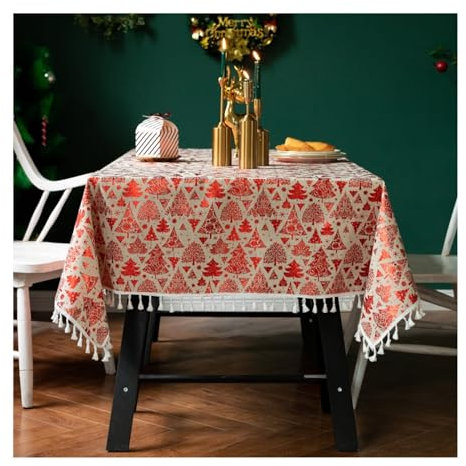 Lieson Tischtuch Rechteckig 140x180 cm, Baumwolle Leinen Tischdecke Abwaschbar Weihnachten Baum mit Fransen Tischwäsche für Home Küche Speisetisch Dekoration, Rot