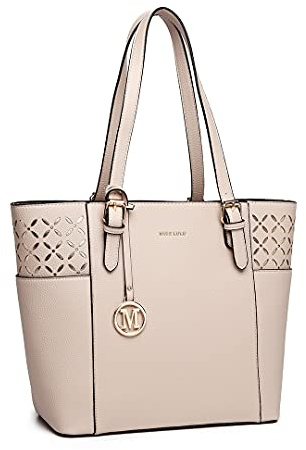 Miss Lulu Damen Shopper Tasche Hanstasche Henkeltasche Schultertaschen Totes Durchbrochene Design für Tägliche Bedarf (Beige)