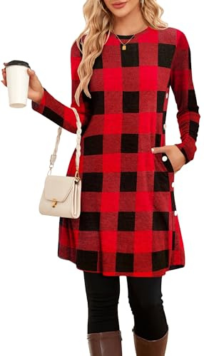 SENBATU Jumper Dress for Women UK Winter Autumn Swing Christmas Dresses for Women with Pockets XX-Large Red Black Plaid