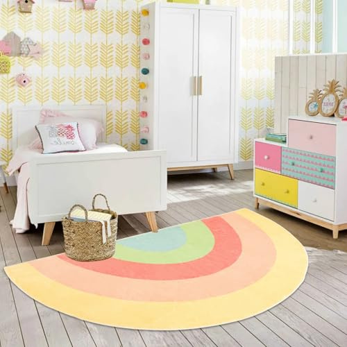 Lacomfy Kinderteppich, halbrund, Regenbogen, Schlafzimmerteppich, 1,8 m, Cartoon-Bodenmatte für Jungen und Mädchen, bunt, Badezimmerteppich, Wohnzimmer, Teppich, Sofakissen, rutschfest, waschbar, 90 x