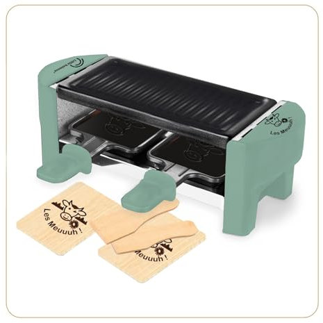 Litle Balance 8746 Raclette 2 Meuuuh...!, Raclette 1/2 personas, Grill extraíble, 2 espátulas + 2 planchas, sin PFAS, antiadherente, 320 W, abeto