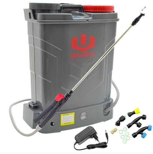 BURG Pompa Irrorante a Spalla con Batteria a Litio, 16 Lt, 1,5-4 Bar, Tubo 125 cm