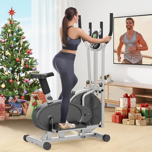 Bicicleta Elíptica, 2 en 1 Bicicleta Elíptica y Bicicleta Estática con Asiento, Monitor LCD, Resistencia Ajustable, Pedal Antideslizante, Máquina Elíptica para Ejercicios Aeróbic en Interiore